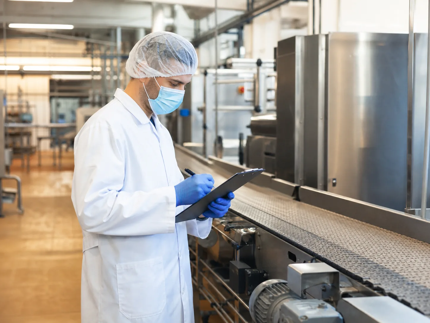 A sanitation professional inspecting a food production environment