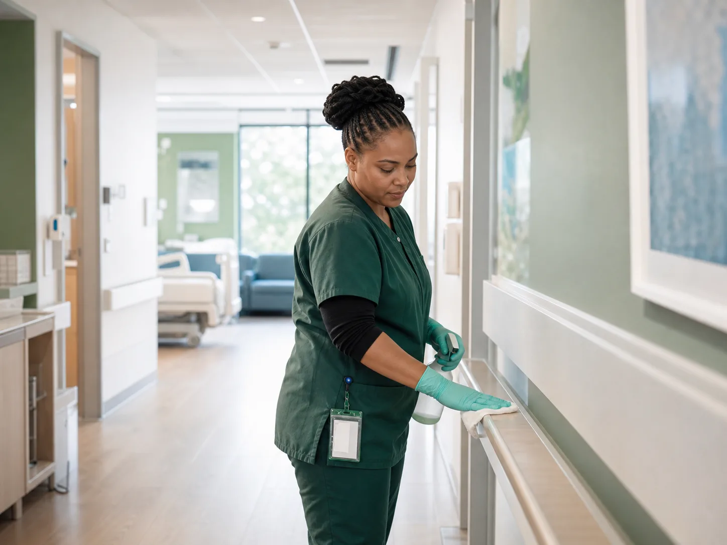 An environmental services professional preparing a clinical environment